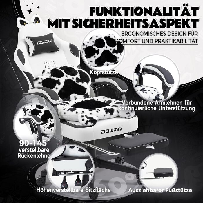 Ігровий крісло Dowinx з підніжкою, ергономічний, з дизайном лапок кота, сірий, для дорослих