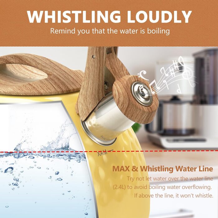 Чайник Harriet Teekessel для плити, 2.5 QT, флейтовий, з 5-шаровим дном, з нержавіючої сталі, з термостійкою ручкою, для газових та електричних плит, червоний глянцевий (жовтий глянцевий)