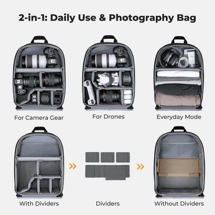 Фоторюкзак K&F Concept 25L для фотографа та відеографа: легкий, з дощовиком та знімними перегородками, відділення для штатива