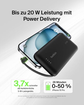 Повербанк Belkin BoostCharge 10000mAh 20W з вбудованим кабелем USB-C, LED-індикатором, чорний