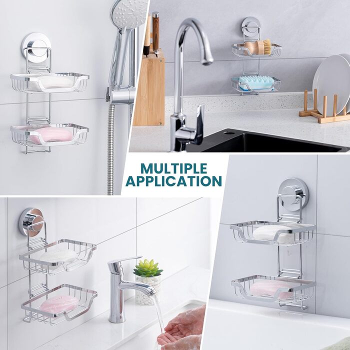 TAILI Shower Soap Dish with Drain and Hook, MAX Holds 5 KG, Stainless Steel Soap Dishes No Drilling Required, Bathroom Soap Holder Wall Mount, Double Soap Holder with Suction Cup, Sponge Holder, Silver