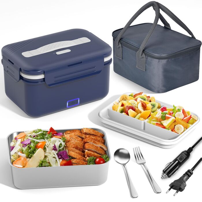 Електрична ланчбокс 100W для дорослих, 3-в-1, 12/24/220V з термоізоляцією, Besteck та ізольованою сумкою, 1.8L, для авто, офісу, синій