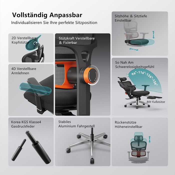 Офісне крісло Newtral NT002 з підніжкою: ергономічне, регульована спинка, підлокітники, чорне. Макс. вага 150 кг