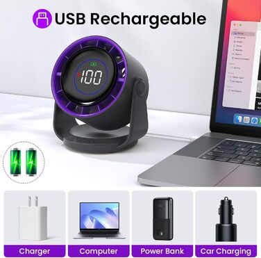 Настільний вентилятор Leise: тихий, перезаряджається через USB, ефективне охолодження, 100 швидкостей, компактний, портативний, кут нахилу 105°, LED дисплей, для офісу та подорожей