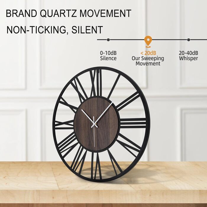 Large Wall Clock, Ticking Sounds, 34CM/14 inch Silent, No Noise, Battery Operated, Modern, Oversized, Retro Vintage Oversized Wall Clock for Living Room, Bedroom and Kitchen (16 inch, Dark Brown - Roman Numbers)