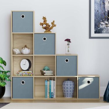 Стелаж Vida Designs Durham для вітальні, 10 кубів, дуб, з 5 сірими кошиками – книжкова полиця, органайзер, меблі для зберігання