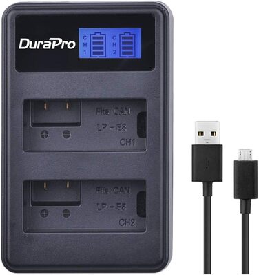 Акумулятор DuraPro LP-E8 для Canon (2 шт.) + LED USB зарядний пристрій; сумісний з EOS 550D, 700D, 600D, 650D, Rebel T2i T3i T4i T5i, Kiss X4 X5 X6i X7i DSLR