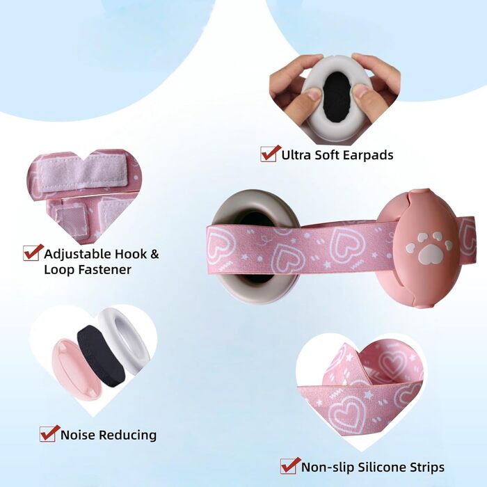 Навушники для захисту від шуму для немовлят, рожеві. Зменшують шум до 25 dB, регульоване антиковзне обруч до 36 місяців, м'які та легкі.
