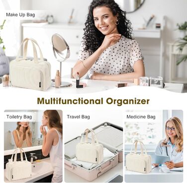 Косметичка жіноча Kalidi з багатьма відділеннями та слотом для пензлів, велика сумка для макіяжу, органайзер для косметики, валізка, темно-зелений (бежевий)