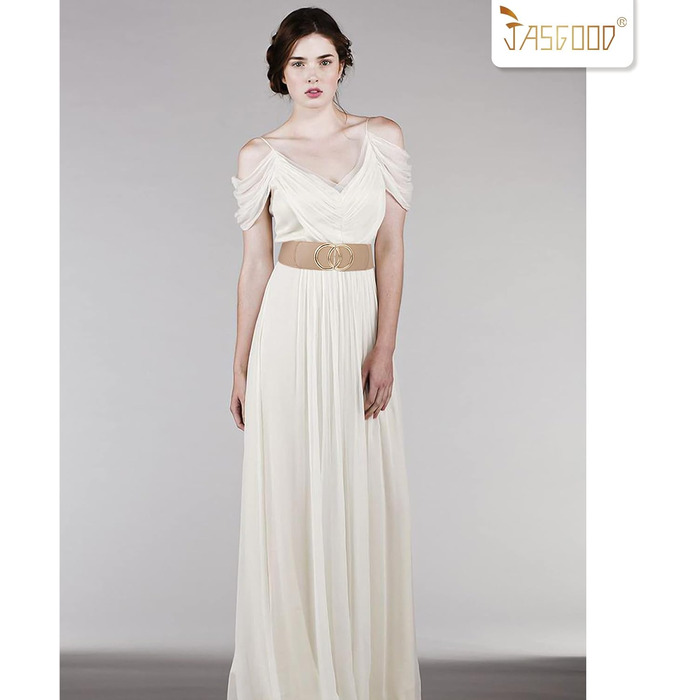 Жіночий широкий еластичний пояс JasGood вінтажний, бежевий, 70 см (під талію 71-80 см) з золотою пряжкою