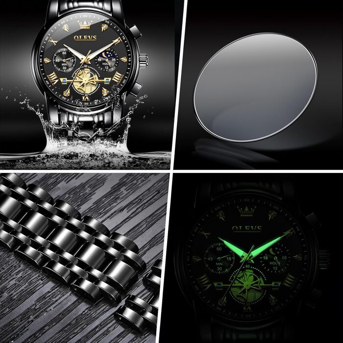 Годинник чоловічий OLEVS з металевим ремінцем, кварцовий, з місячною фазою, хронограф, водонепроникний, чорний (2856)