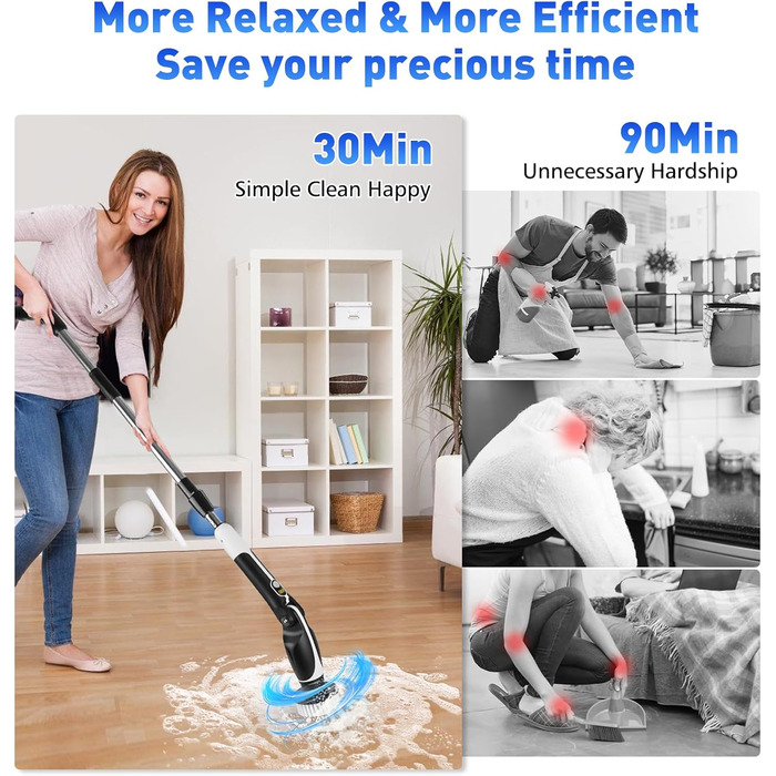 Електрична щітка для прибирання з 8 насадок, включаючи щітку для унітазу. 2 швидкості, регульована ручка для ванної, кухні, авто