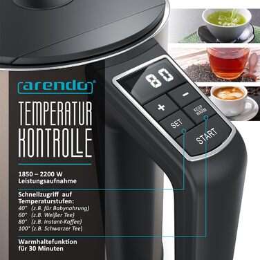 Arendo - Stainless Steel Kettle with Temperature Setting 40-100 Degrees in 5 Degree Increments - Double-Walled Design - Model ELEGANT - 1.5 Liter - 2200 W - Tea Kettle with Temperature Display - GS - Black (E: Bronzo)