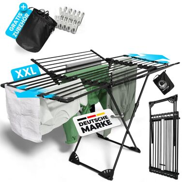 MONDHEIM® Сушарка для білизни XXL, 26 м довжини, чорна, знімний поперечина, для балкону/тераси