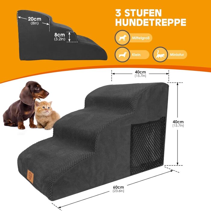 Сходинки для собак маленьких порід, 3 сходинки, 40 см, чорного кольору. Зручні та миючі сходи для собак, з неслизьким покриттям, для доступу до ліжка та дивану