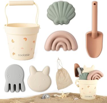 Coolable 6 PCS Beach Toys for Kids, Silicone Beach Toy Set, Includes Bucket, Shovel, and 4 Sand Molds for Boys and Girls (Rainbow)