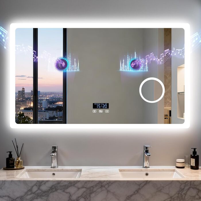 Дзеркало для ванної кімнати LUVODI з підсвічуванням 100x70 см: годинник, температура, дата, проти запотівання, регулювання яскравості, 3 кольори світла, функція пам'яті, LED, водонепроникність, збільшення 3x, Bluetooth