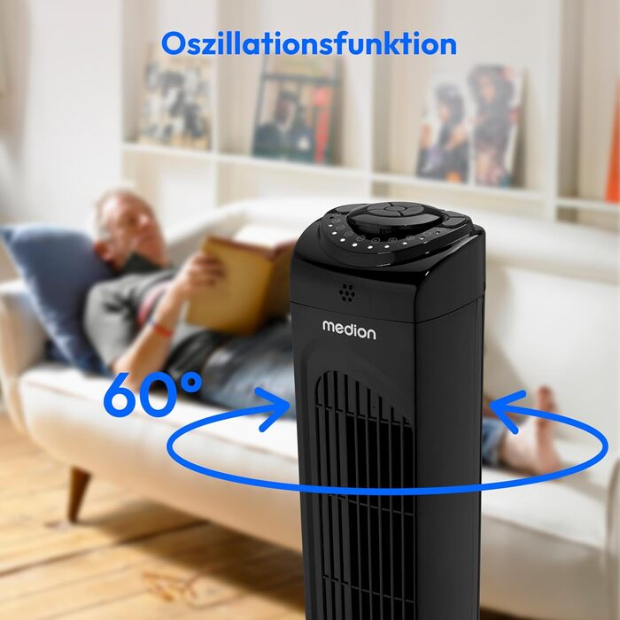 Турбовентилятор MEDION E11 TF з дистанційним керуванням: 3 швидкості, тихий режим сну, 45 Вт, 60° гойдання, таймер, MD12067, чорний