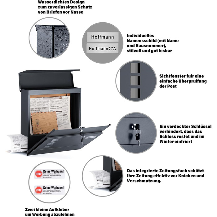 Поштовий ящик Zedelmaier з нержавіючої сталі, персоналізований, настінний, з відділенням для газет, 2 ключі, замок, антрацит 33x31x10 см