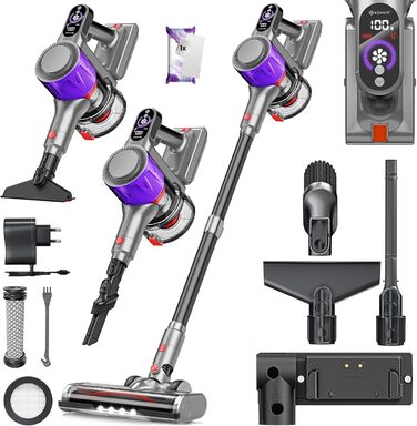 Бездротовий акумуляторний пилосос KESSER® з LED-дисплеєм, до 60 хвилин роботи, тихий, без мішка, з антизаплутаною насадкою, HEPA-фільтром, аромакапсулою (чорний/сірий)