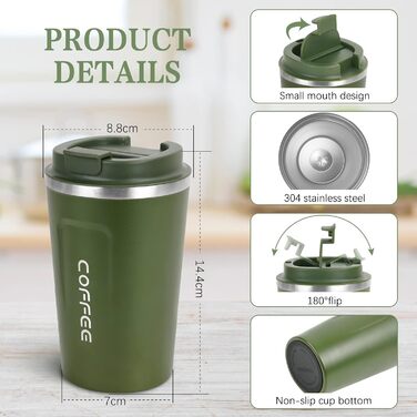 Термокружка Flintronic 510 мл з подвійними стінками, з нержавіючої сталі, з кришкою, для кави та чаю