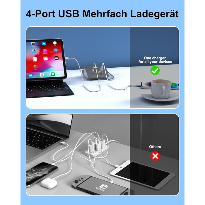 Багатопортова USB зарядка POANES 25W: зарядний станція на 4 порти для iPhone, Samsung, LG, Huawei та інших пристроїв (чорний/сірий)