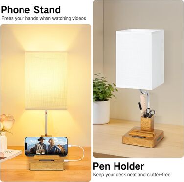 Настільна лампа світлодіодна OUTON 8000mAh бездротова з підставкою для ручок, акумуляторна, тканинний плафон, 3 режими світла, сенсорне керування, димування, індикатор заряду