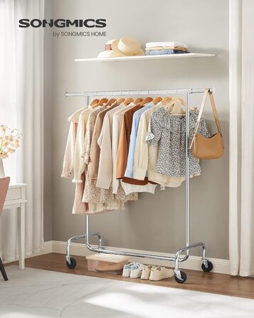 SONGMICS Clothes Rack with Wheels, Garment Rack, Heavy-Duty, Extendable Clothes Rod, Holds up to 130 kg, 45 x (110-150) x 162.9 cm, Metal, Chrome, Silver HSR11S