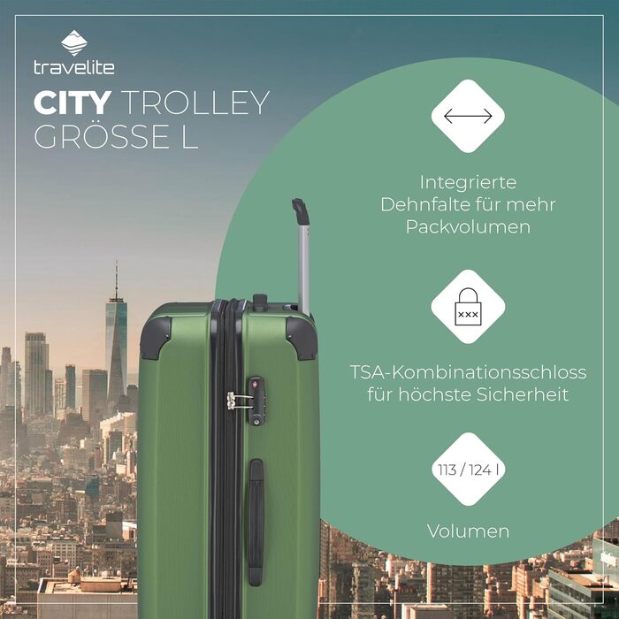 Чемодан Travelite CITY з жорстким корпусом, розширюваний, 77 см, 113-124 л, зелений, з TSA замком
