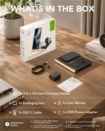 Бездротовий зарядний пристрій 3-в-1 для Google Pixel Watch 4, Pixel 10 Pro/10/9 Pro/9/8/7, iPhone та Samsung (Чорний)