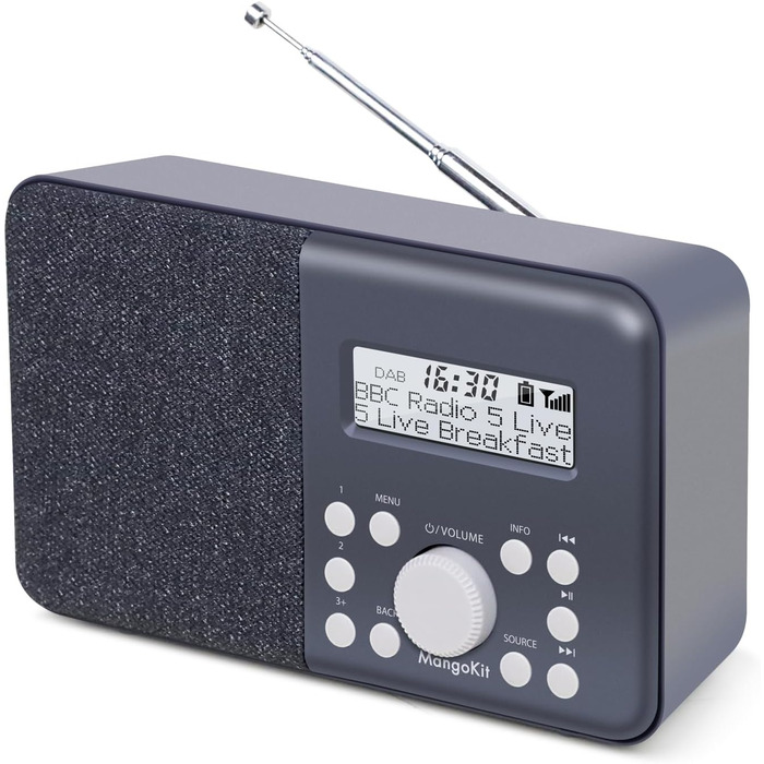 Портативне радіо MD3 DAB/DAB+/FM з Bluetooth, динамік, навушники, 40 станцій, годинник, будильник, таймер, кольоровий дисплей, акумулятор/мережа (Чорний/Сірий)