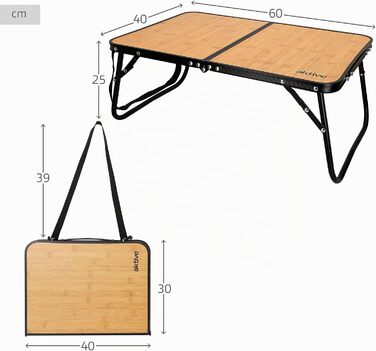 Складний стіл для кемпінгу AKTIVE, дерев'яний дизайн, з ручкою, 60x40x25 см, алюмінієвий, для пікніка