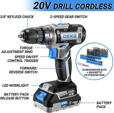 Набір інструментів DEKO 186 шт. з акумуляторною дрилем-шуруповертом 20V (блакитний) для дому та дрібного ремонту