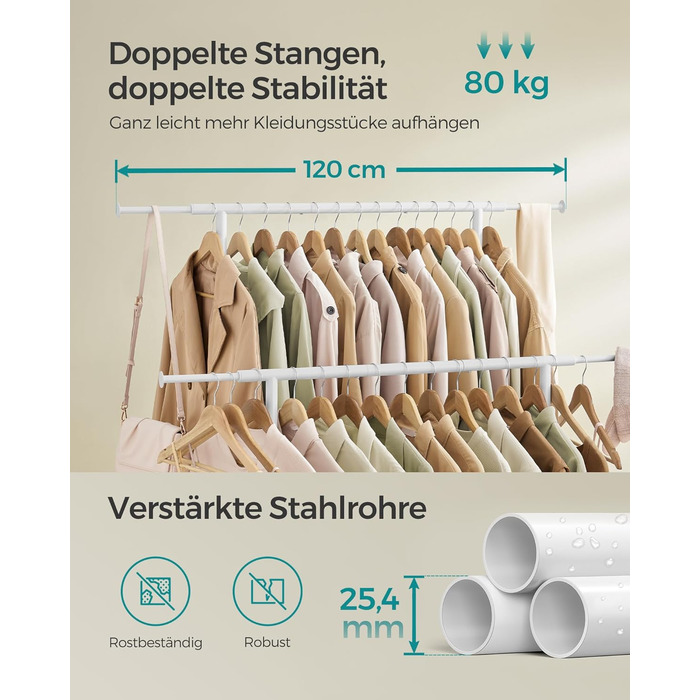 SONGMICS Clothes Rack with 2 Clothes Rods, Extendable Wardrobe Rail, with Wheels, Coat Rack, Height Adjustable between 113 and 180 cm, Lower Rod Adjustable, LLR401R01 (Cloud White, 120D x 50W x 156H cm)