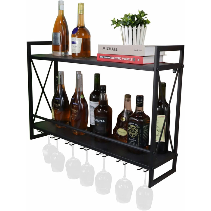 Industrial Wall Wine Racks with Glass Holder, 31.5 Inch Rustic Metal Multi-Purpose Shelves, 2-Tier Wall Mount Hanging Shelf, Wine Rack, Wine Accessories, Bottle Holder, Glass Shelf, Wall Shelf