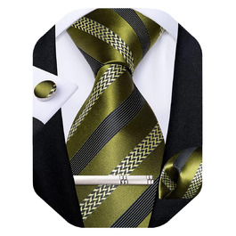 Набір краваток, нагрудних хустинок, запонок та затискачів для краватки DiBanGu для чоловіків. Оливково-чорний колір, смугастий, для весілля, бізнесу та офіційних заходів.