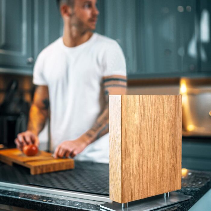 SEMPREZA® Magnetic Knife Block | 4-Sided Magnetic Knife Holder | Knife Block Holder | Knife Storage | Magnetic Knife Block without Knives, Wood Oak