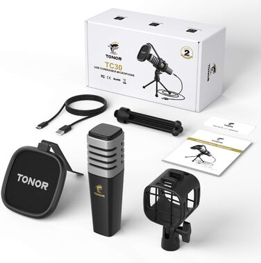 USB мікрофон TONOR TC30 з ниркової характеристики, для комп'ютера, стрімінгу, подкастингу та запису голосу. Комплект: стійка, поп-фільтр, мікрофонна павутина