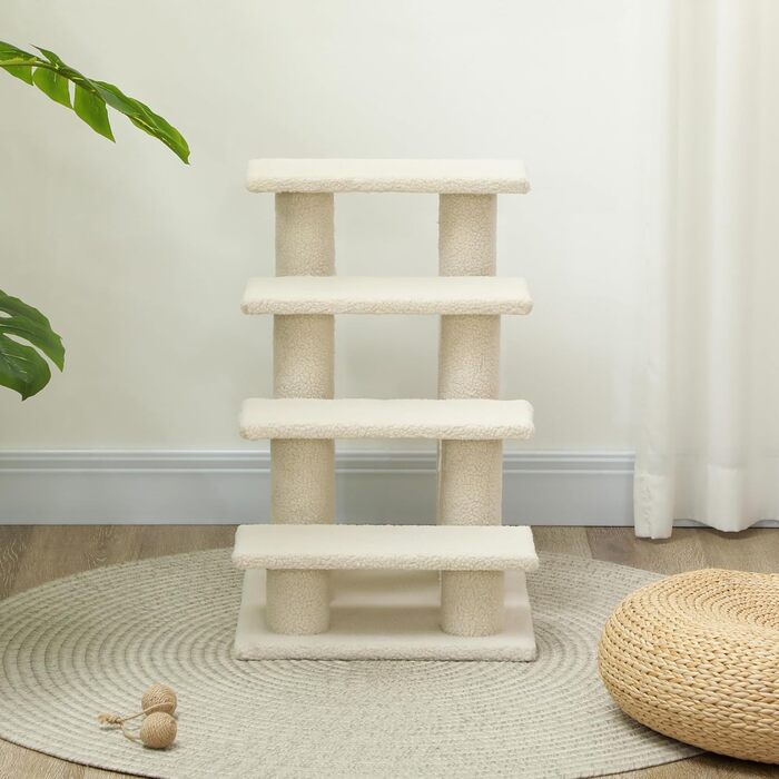 PawHut Pet Stairs Cat Stairs Dog Stairs Stairs for Cats and Dogs 4 Steps 63.5x43x60cm (Cream White)