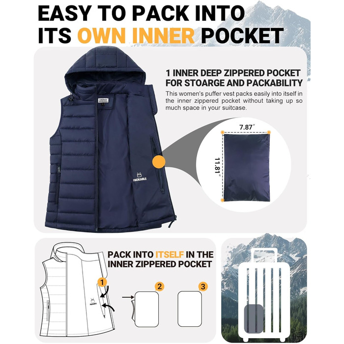 Стьобана жилетка Outdoor Ventures для жінок з капюшоном, гібридна спортивна жилетка для туризму, кемпінгу та велоспорту, темно-синій, XXL