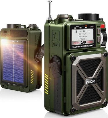 Портативне радіо DAB/DAB+ та FM з Bluetooth 5.3, сонячне радіо, радіо з ручним зарядним пристроєм, SOS, ліхтарик, роз'єм для навушників, SD-карта, USB, 4000 mAh, радіо для надзвичайних ситуацій, темно-зелене, з екраном