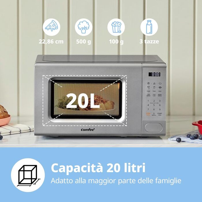 Мікрохвильова піч COMFEE' Digitale, 20 л, 700 Вт, 11 рівнів потужності, 6 меню, функція розморожування та пам'яті - сіра - CM-E202CC(GR)