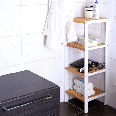 Dibea Bathroom Shelf with 4 Shelves, Living Room Shelf, Standing Shelf, Bamboo Shelf, Bathroom Shelf, Book Shelf, Corner Shelf, Kitchen Shelf, 33x33x98 cm, natural/white