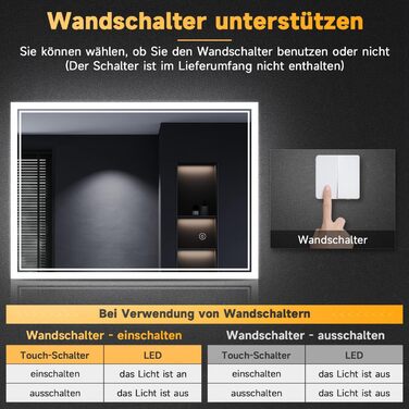 Дзеркало для ванної кімнати SONNI з LED-підсвічуванням, 100 x 60 см, антизапар, сенсорне керування, 3 кольори світла, IP44, білий