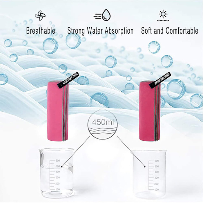 Мікрофібровий рушник для пляжу та спорту, комплект 2 шт (180x80cm + 80x40cm), рожевий