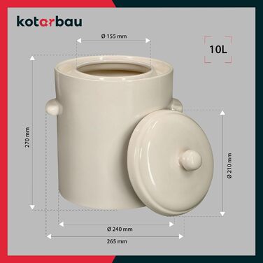KOTARBAU Керамічний бочонок для квашення 10 л, білий – глиняний горщик з кришкою для квашеної капусти, огірків, кімчі, ферментації, кам'яна кераміка