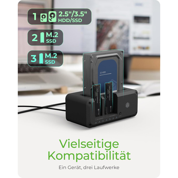 ICY BOX Док-станція для HDD/SSD USB 3.2 Gen 2 (10 Gbit/s) - Клонування жорстких дисків, підтримка 2.5' та 3.5' SATA, M.2 NVMe