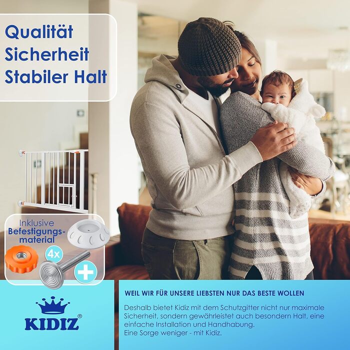 Захисне ворота KIDIZ для котів з люком, без свердління, для дітей, біле | 90° фіксація, поворотне, ширина: 88-101 см, помаранчевий