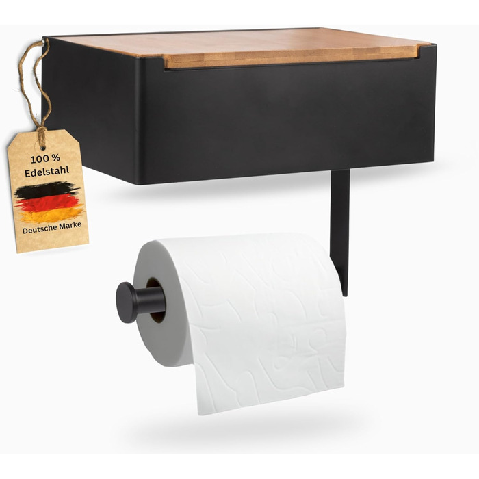 Pandonix Stainless Steel & Bamboo Toilet Paper Holder with Wet Wipe Dispenser - No Drill Installation - Black