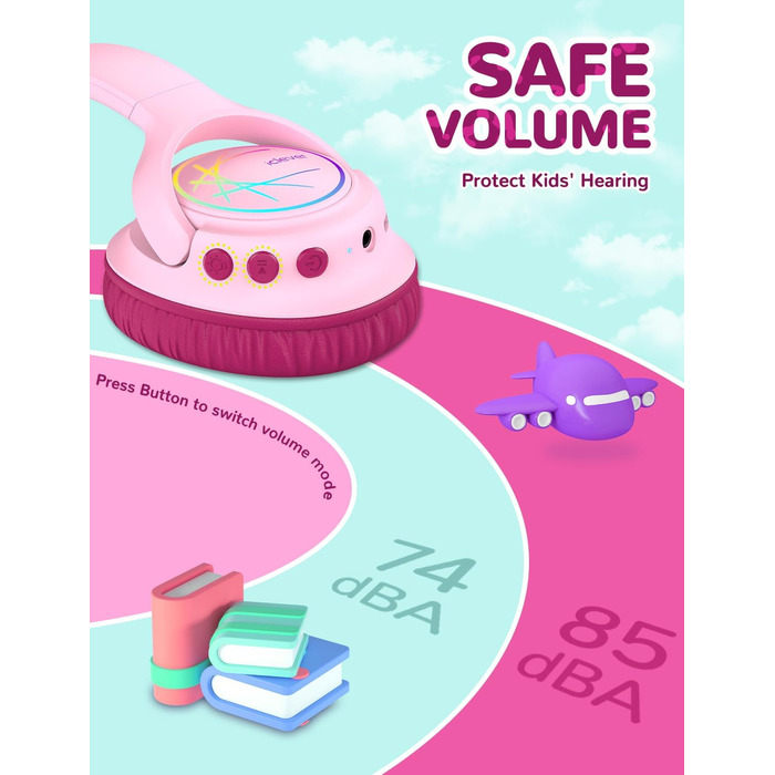 iClever Дитячі навушники Bluetooth з LED-підсвічуванням, обмеження гучності 74/85 дБ, 43 години роботи, стерео звук, Type-C, AUX-кабель, Bluetooth 5.3, для планшетів/подорожей, рожеві